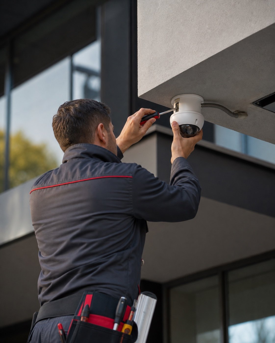 CCTV technician installing a dome security camera at a modern building