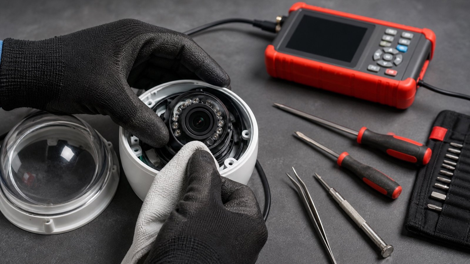 Technician servicing and testing a dome CCTV camera
